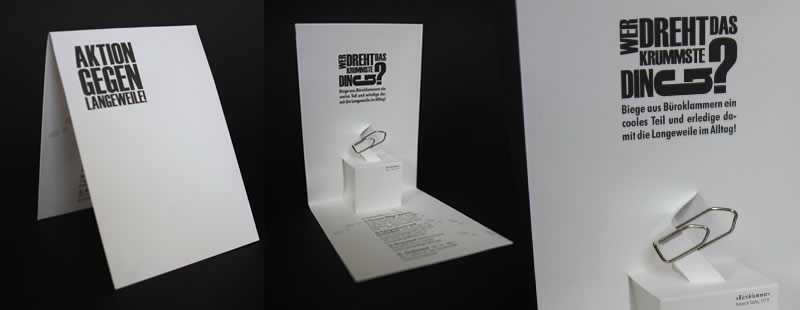 Popupkarte Büroklammer-Wettbewerb hof3, Szenografie im Raum, Museumsgestaltung